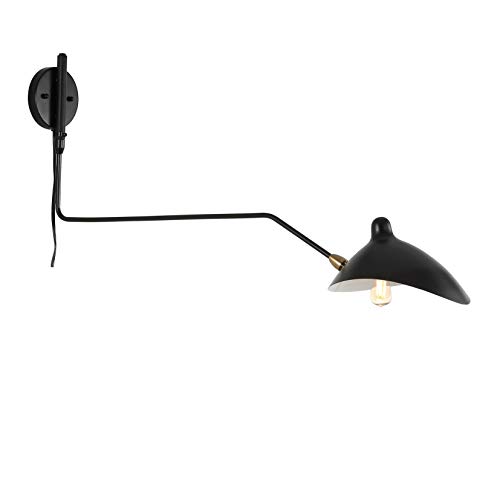 Image of JONATHAN Y Frank 1-Light Wall Sconce Swing Arm Metal 35 inch, Black /Brass Gold | Mid-Century Modern, Adjustable Bowl Shade, Retro, Plug-In, Down Light, LED Bulb Included