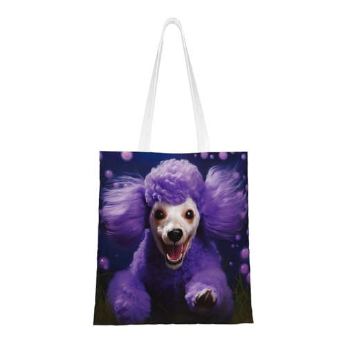 Purple Poodle Print Reusable Canvas Tote, Shopping Bag With Handles For Daily And Grocery Use