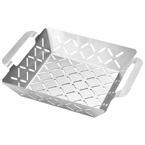 Générique Panier de Gril - Accessoire BBQ Perforé pour Viande ou Légumes | Acier INOX 430 Robuste avec Grille Épaissie, Outil Solide pour Cuisine Extérieure, Terrasse et Camping, 26.5x21.6x6cm