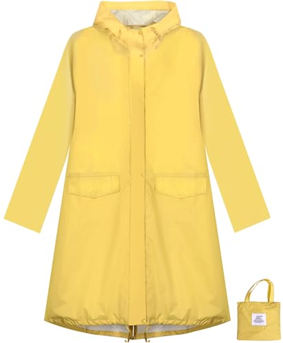 ANYOO Damen Regenjacke Regenmantel Wasserdicht mit Kapuze, Leichter Lange Regenponcho Windbreaker Regenbekleidung, Gelb, Einheitsgröße