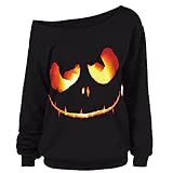 Hallwoeen Damen Loose Sweatshirt Geist Smiley Prints Sexy Off Shoulder Pullover Casual Oberteile Langarm T-Shirt Tops Frauen