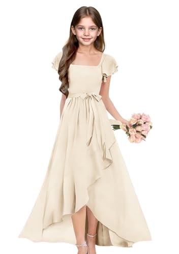 Junior Bridesmaid Dress Short Sleeves Chiffon Flower Girl Dress for Wedding High Low Girls Pageant Dresses JBD1574