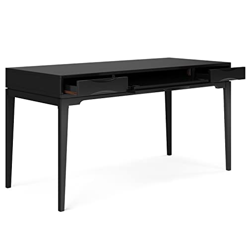 Image of SIMPLIHOME Harper Desk - 60 Inch Wide Solid Wood Writing Desk in Black, Mid-Century Modern Home Office Computer Table for Workspace or Study with 2 Drawers and Flip-Down Keyboard Tray