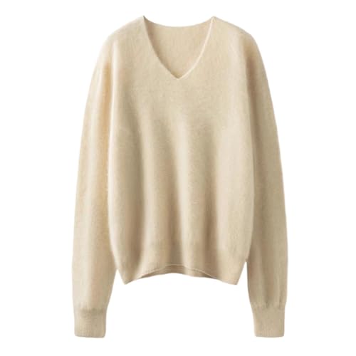 Suéter recto de manga larga con cuello en V para mujer, beige, M