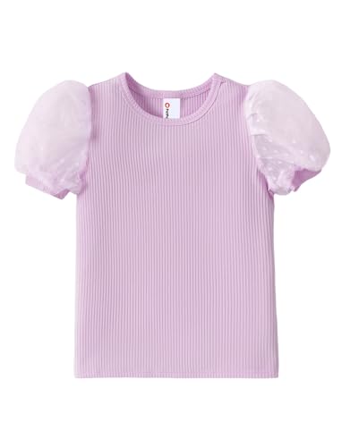 PATPAT Girls Puff Sleeve Top Size 4-5 Ribbed Short Sleeve Purple Lace Blouse Toddler Purple Dress Shirt Cute Clothes Birthday Girl Shirt Tunic Tops
