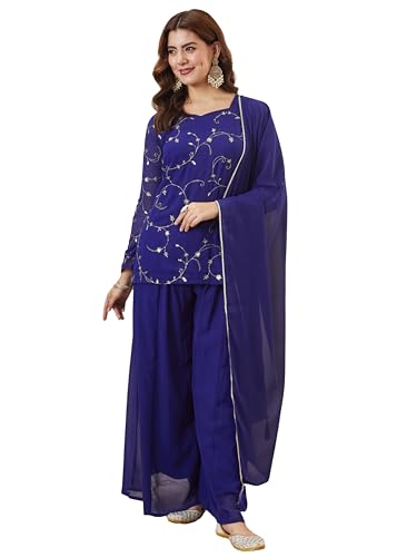 Image of MOKOSH Women's Georgette Short Kurti Palazzo with Dupatta | Short Kurti Set |Ethnic Kurta Set for Women | Sweetheart Neck Full Sleeve | Indian Kurta Outfit With Palazzo Pants
