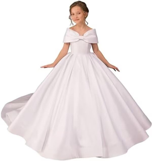 Flower Girl Dresses for Wedding Off Shoulder Elegant Satin Princess Pageant Dress with Bow-Knot First Communion Dresses