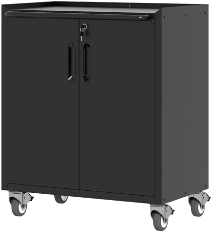 Metal Tool Cabinet with Wheels, Garage Cabinet with 2 Doors, Work...