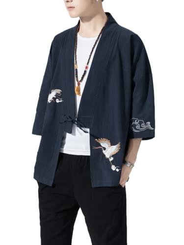 Image of Men's Japanese Kimono Cardigan Loose Cotton Linen 3 /4 Sleeve Open Front Casual Summer Shirt Jackets