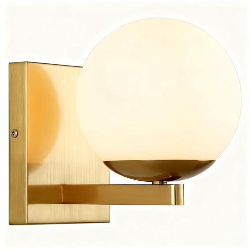 Image of Gold Mid Centry Modern Wall Sconce, Globe Wall Sconce with Frosted Glass Lampshade, Brass Wall Light Fixture for Bedroom Living Room Bathroom Hallway Entryway