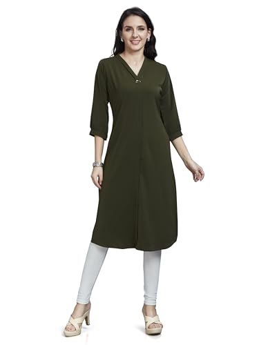 Image of nioni Women's Straight Solid Kurti with V-Fold Neck | Rayon Lycra Material | Fashionable Micro Pleates | 3 /4th Sleeve Kurta for Woman & Girls (S to 2XL)