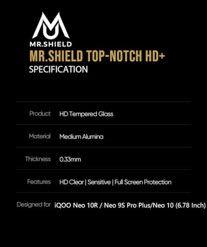 Image of Mr.Shield Top-Notch HD+ Tempered Glass Screen Protector Guard for iQOO Neo 10R / Neo 9S Pro Plus /Neo 10 (6.78 Inch), 9H Hardness, Military Grade Protection, Easy Installation kit