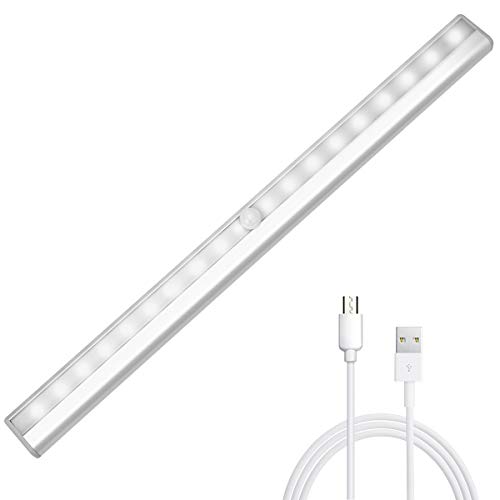 AMIR Luz Armario Led, 20 LED Luz Nocturna Recargable USB, Luz Sensor Movimiento con Banda Magnética para Armario, Pasillo, Escalera, Entrada, Sótano, Cocina, Garaje, Dormitorio (Blanco)