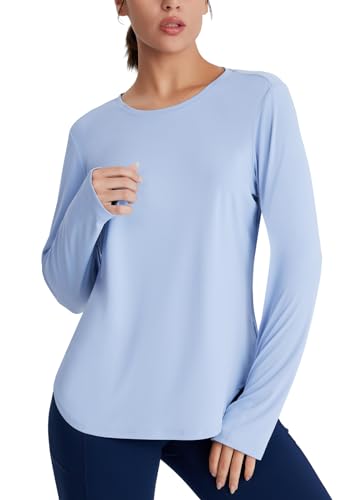 Emlovm SPF Sun Shirts for Women Long Sleeve UV Protection UPF 50+ Tops Lightweight Workout Clothes Quick Dry for Hiking Blue Medium