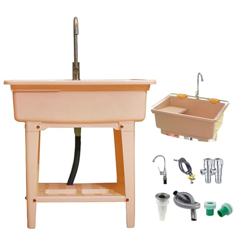 Lavandino in plastica con lavabi e rubinetto, per lavanderia, garage e uso esterno