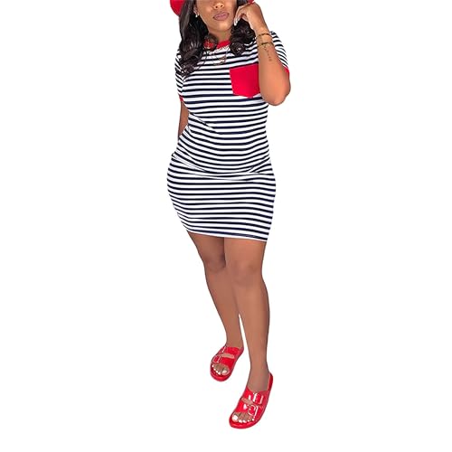 Women's Crew Neck Short Sleeve Striped Bodycon T-Shirt Mini Dress