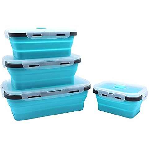 Collapsible Bowl,Magicorange Silicone Collapsible Food Storage Containers with Lids for Camping, Square Silicone Lunch Containers, Microwave, Dishwasher and Freezer Safe (Bule) Cover