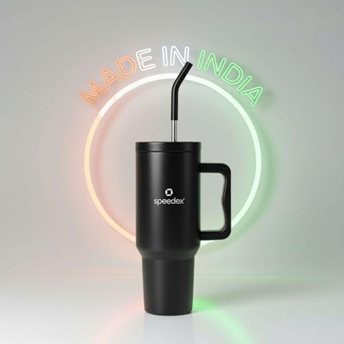 Image of Speedex 1200 ml Insulated Stainless Steel Tumbler with Handle, Straw & Cleaning Brush, Double Wall Leakproof Sipper Bottle, 24H Cold 18H Hot, Cup Holder Fit Travel Mug for Men Women (Black, 1.2 l)