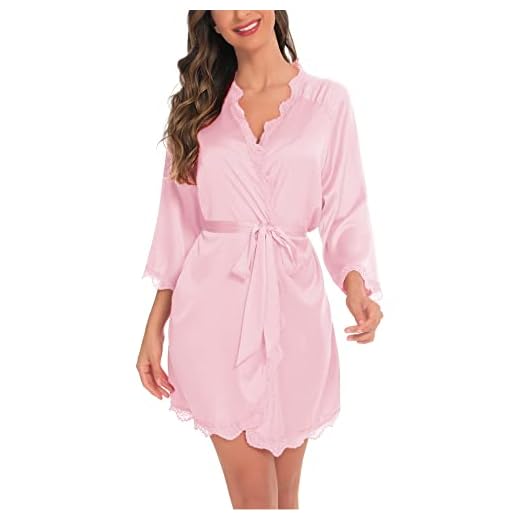 Aranmei Bata Kimono Mujer Seda, Bata Satén Cuello en V Camisones de Manga 3/4 Ribete Encaje Ligero Bata Seda para Novia y Damas de Honor,Rosa Claro,L