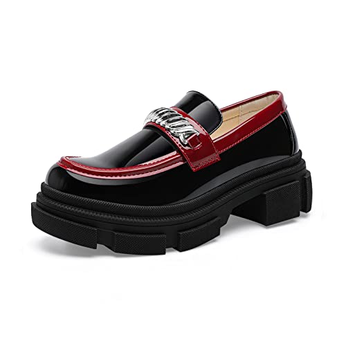 BEAU TODAY Platform Leather Loafers For Women, Chunky Lug