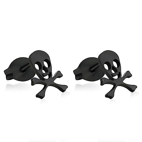 TGNEL Big Pure Titanium Earrings Studs Gothic Skull Bone Earrings Cool Party Halloween Stud Earrings Hypoallergenic for Men Women Black