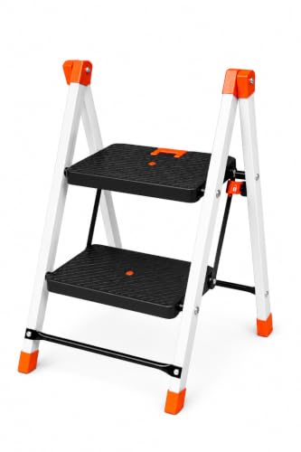 Image of CIPLA PLAST Polo 2-Step Foldable Ladder for Home & Office | Heavy Duty Anti-Slip Wide Steps | Lightweight Aluminium Step Stool | Safety Lock & Non-Slip Feet | Multi-Purpose Folding Ladder