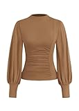 KIRUNDO Going Out Tops for Women Puff Long Sleeve Mock Neck Ruched Shirts Dressy Casual 2025 Fall Fitted Trendy Work Blouse(Khaki, Large)