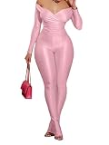 Women's Sexy 2 Piece Outfits V Neck Ruched Top Bodycon Flared Pant Set Y2k Streetwear Sweatsuit Pink M