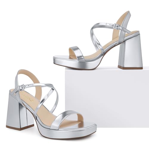 Image of CELLENZ Women Chunky Platform Heels: 3.9 Inch High Heel Prom, Wedding, Party, Square Open Toe Heeled Sandals, Strappy Comfortable Sexy Dressy Shoes