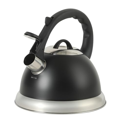 Mr. Coffee Clarefield 2.4 Qt Whistling Tea Kettle – Matte Black Stovetop Water Kettle with Lid, Heat-Resistant Nylon Handle and Knob, Stainless Steel Trim