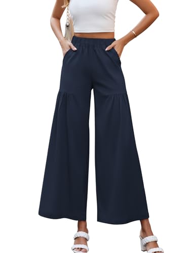 Womens Wide Leg Slacks Pants High Elastic Waist Casual Work Business Lounge with Side Pockets Pleated Trousers