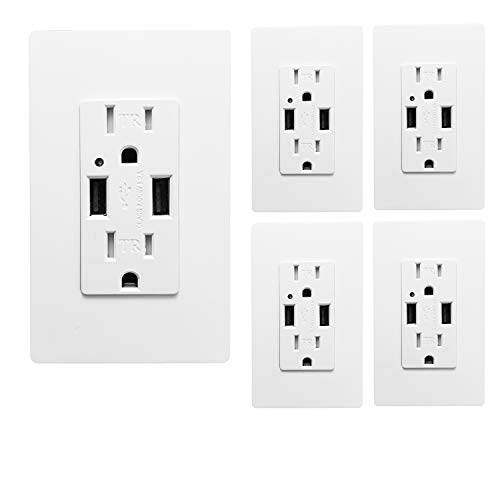 [5 Pack] SECKATECH 4.2A Smart High Speed Dual USB Charger Wall Outlet, 15A Tamper Resistant Outlet, Each Charging Receptacle with 10 Free Wall Plates-White (UL Listed)
