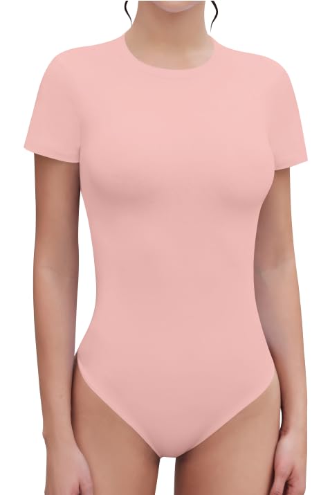 SHEIUGU Women's Crew Neck Short Sleeve Slim Fit T Shirts tops Basic Bodysuit Leotard Clothing