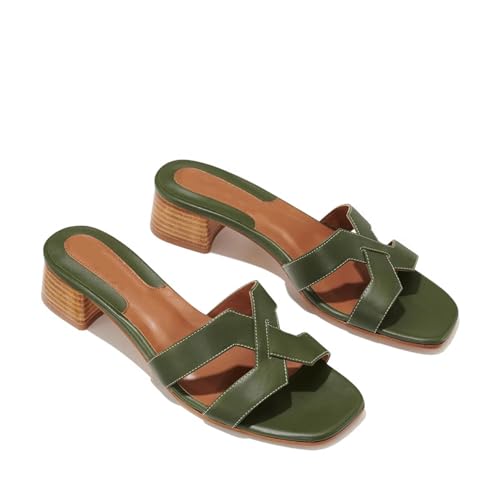 Cross Strappy Slide Sandals for Women Low Block Chunky Heeled Sandals Slip on Mules Square Open Toe Comfortable Casual Pumps Shoes