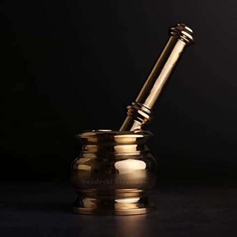 Swadeshi Blessings Pure Brass Mortar and Pestle Set/Handcrafted Herb Grinder for Spices,Herbs,Seasonings/Medicinal Brass Crusher/Traditional Kitchen Decor Cover