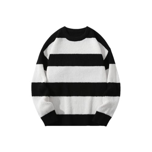 Men Casual Striped Pullover Sweater Crew Neck Long Sleeve Loose Warm Jumper