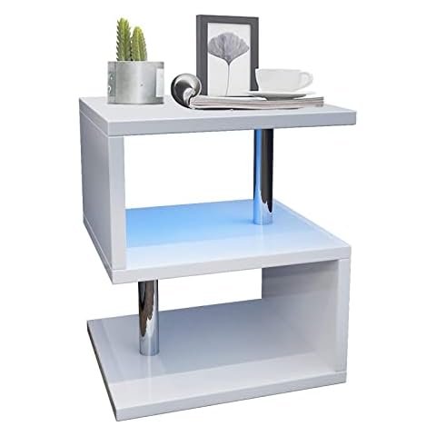 YOLEO Coffee Table Side Table for Living Room Modern White High Gloss End Table with 2 Tier Storage Shelves and Blue LED Light Cover