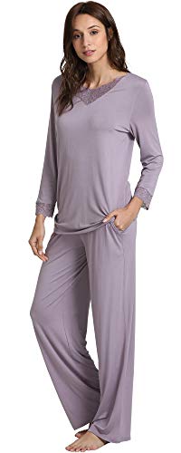 Gys Bamboo Pajamas For Women Soft Long Sleeve Sleepwear V Neck Pjs Set Sleep Lounge Set With Lace S-4Xl, Violet, X-Large #TOP2