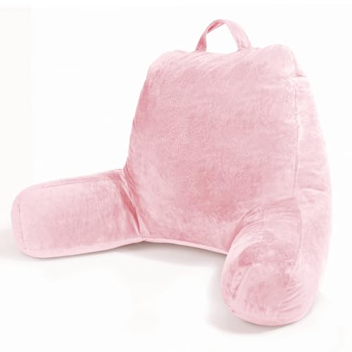 Sasttie Reading Pillow, Velvet Back Pillow for Bed Sitting Up, Adult Back-Rest Support Cushion with Arms for Sit Up on Couch, Sofa, and Floor, Dorm Essentials, Reading Accessories, Pink