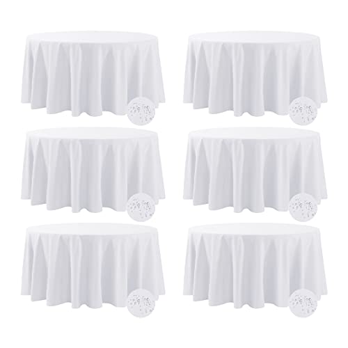 Fokitut 6 Pack Waterproof Round Tablecloth, 120 Inch, Stain Resistant and Wrinkle Polyester Table Cloth, Fabric Table Cover for Kitchen Dining, Wedding, Party, Holiday Dinner-White
