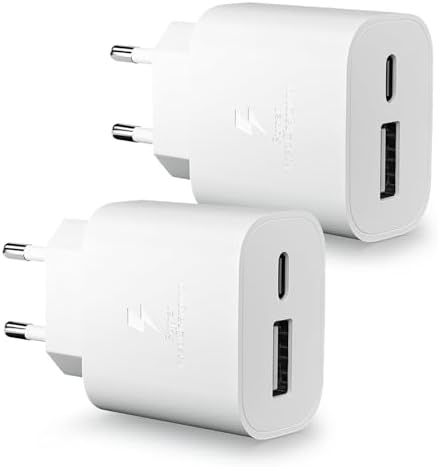 USB C Ladegerät, 2er Pack 25W 2-Port USB-A & USB-C Adapter Schnellladegerät Netzteil für iPhone 17/16/16e/16 Pro/15/16 Pro Max/16 Plus/15 Plus/14 13 12 11 SE XS XR, iPad, Stecker M