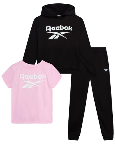 Reebok Girls' Activewear Set - 3 Piece Stylish Graphic T-Shirt Fleece Pullover Hoodie and Jogger Sweatpants Size: 4-12 Size
