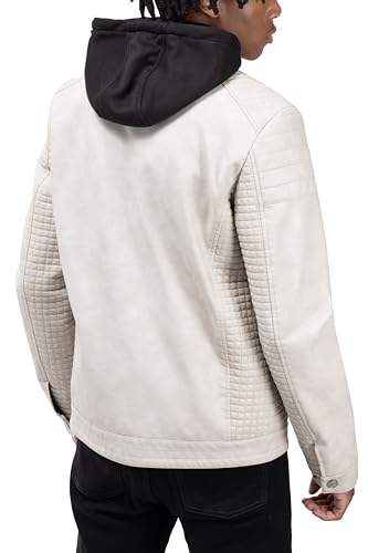 X RAY Mens Faux Leather Jacket with Hood, Hooded Stand Collar PU Leather Jacket for Men, Black, Large4