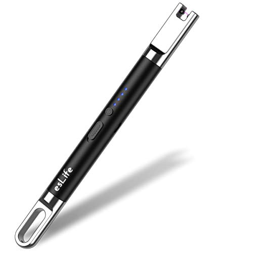 esLife Candle Lighter, Electric Arc Lighter with Safety Switch, Flameless Portable Windproof Plasma Lighters, Rechargeable Lighter USB Battery Indicator Hanging Hook for Candle Grill BBQ,Black