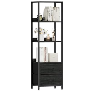 Furnulem 4-Tier Corner Shelf, Bookshelf with 2 Storage Drawers, 57.28”Tall Narrow Bookcase, Standing Shelf Organizer Unit for Living Room, Bedroom, Metal Frame, Wood Display Shelf