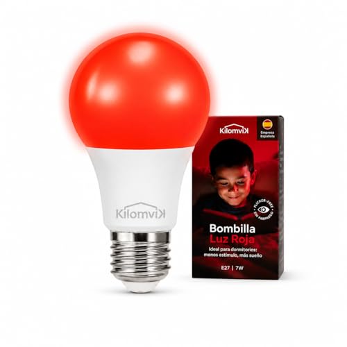 KILOMVIK® Bombilla Luz Roja Nocturna Melatonina, Rosca Gruesa E27, 7W, Flicker Free, Bajo Consumo, Sin Luz Azul, Lampara Luz Roja Nocturna Melatonina, Bombilla Roja para Dormir, Luz Roja Melatonina