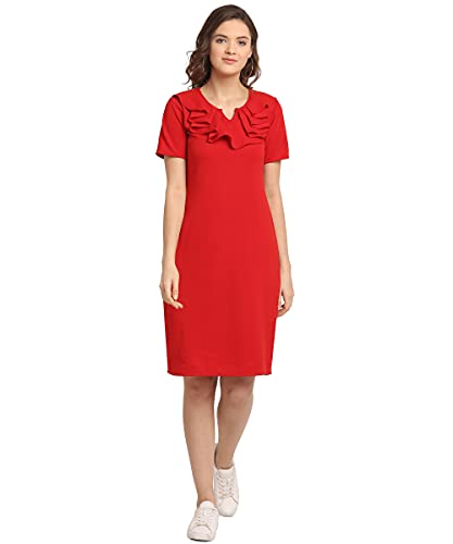 Image of OOMPH! Women's Western & Fusion wear Above Knee /Mid Thigh Length Sheath Red Dress in Lycra Blend Fabric with V Neck and Short Sleeve