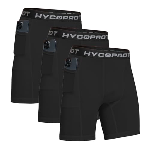 HYCOPROT 1 or 3 Piezas Mallas Cortos Running con Bolsillos Hombre, Pantalones Cortos de Gimnasio Transpirable y Secado Rápido, Compresión Básica Hombre para Correr (Negro, S)