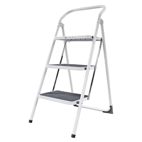 Amig - Escalera Plegable - Taburete de Acero con 3 Peldaños Antideslizantes – Medidas: 72 x 65 x 101 cm - 150 kg - Acabado Blanco con Protectores Negros – para Uso Profesional y Doméstico