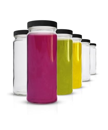 Image of All About Juicing Clear Glass Water Bottles Set - 6 Pack Wide Mouth with Lids for Juice, Smoothies, Beverage Storage - 16 oz, Durable, Reusable, Dishwasher Safe, Leak Proof (Black Caps)